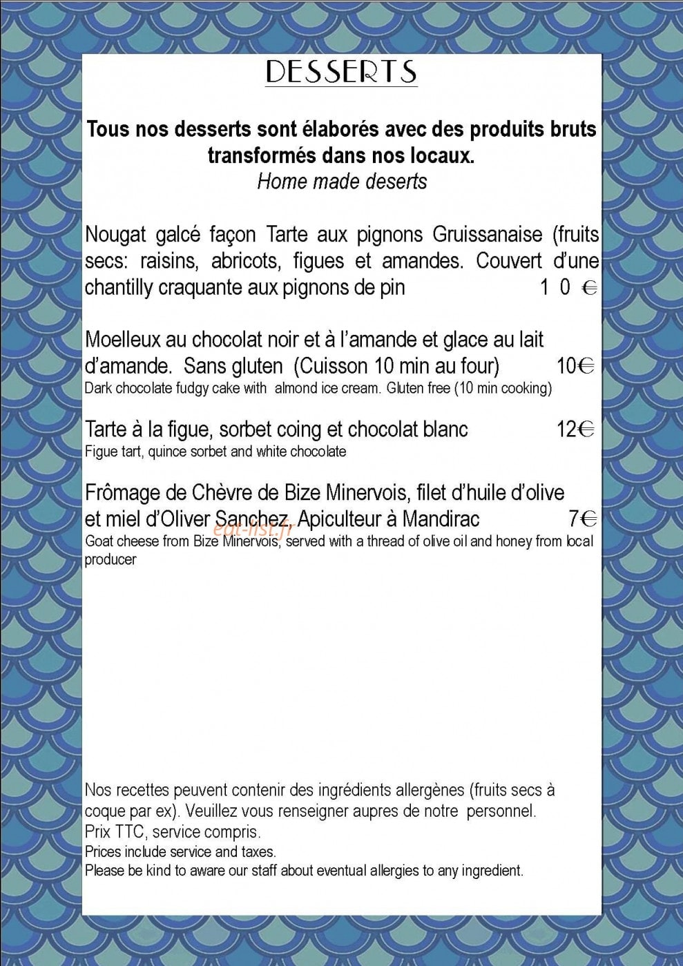 Carte et menu de La Cranquette à Gruissan — Les desserts