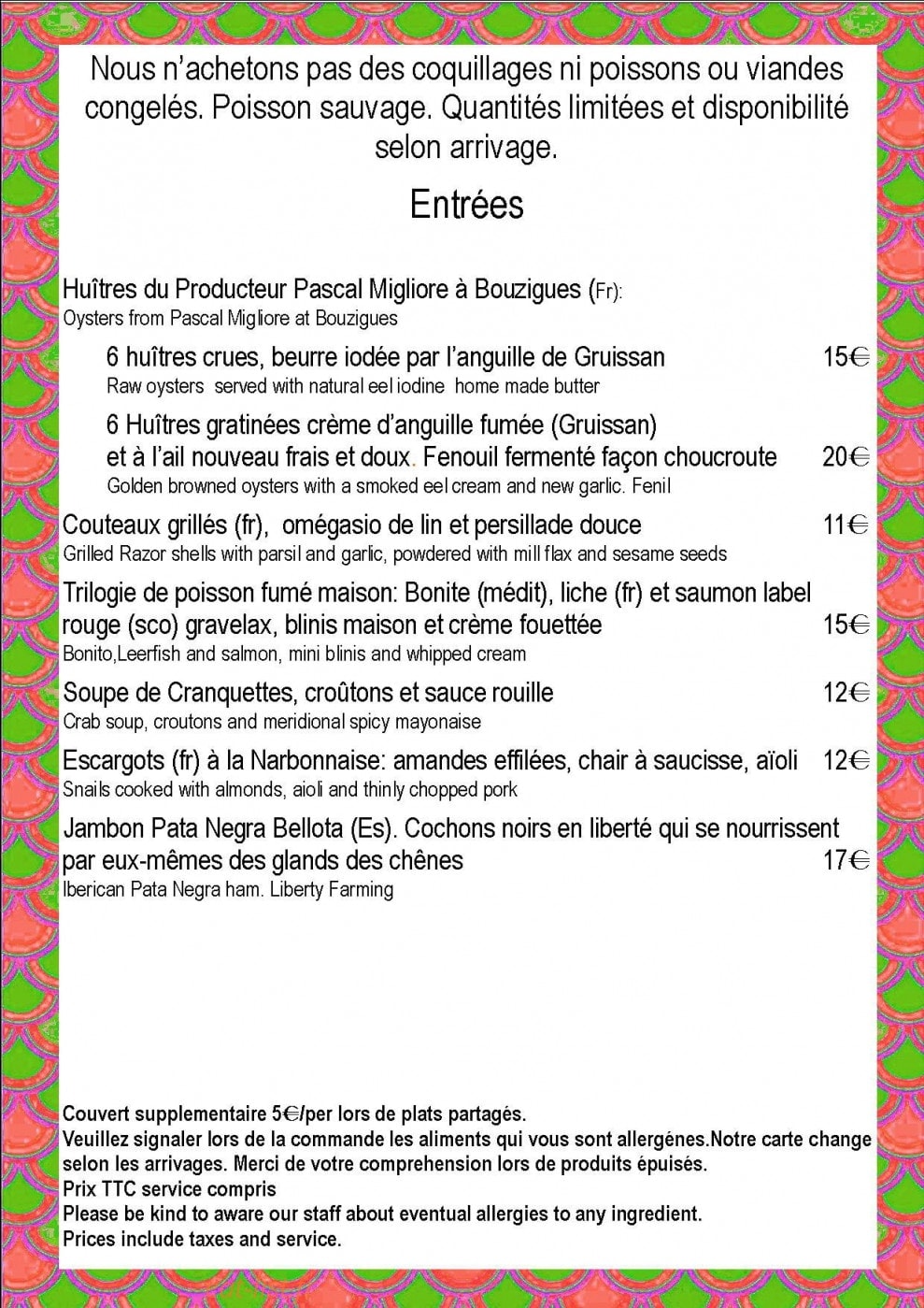 Carte et menu de La Cranquette à Gruissan — Les entrées