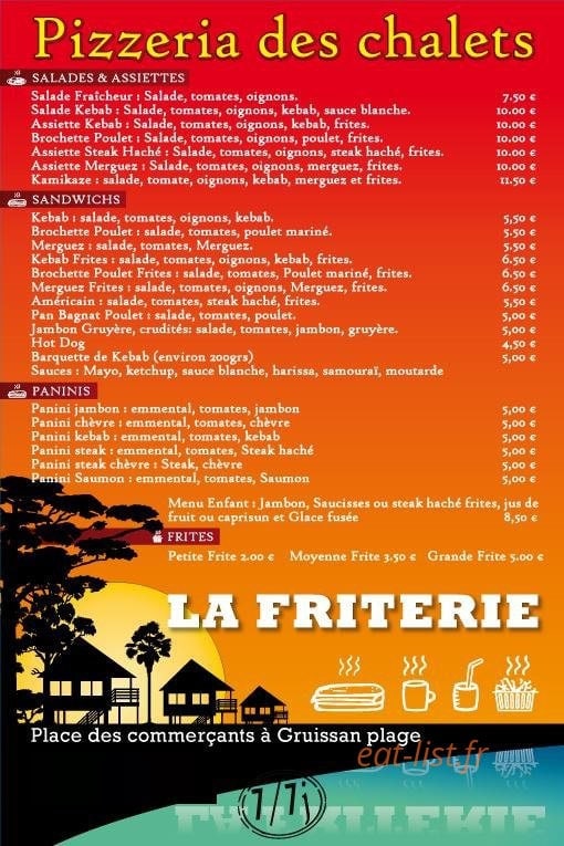 Carte et menu de La Friterie Pizzas à Gruissan — Les salades, sandwiches,...