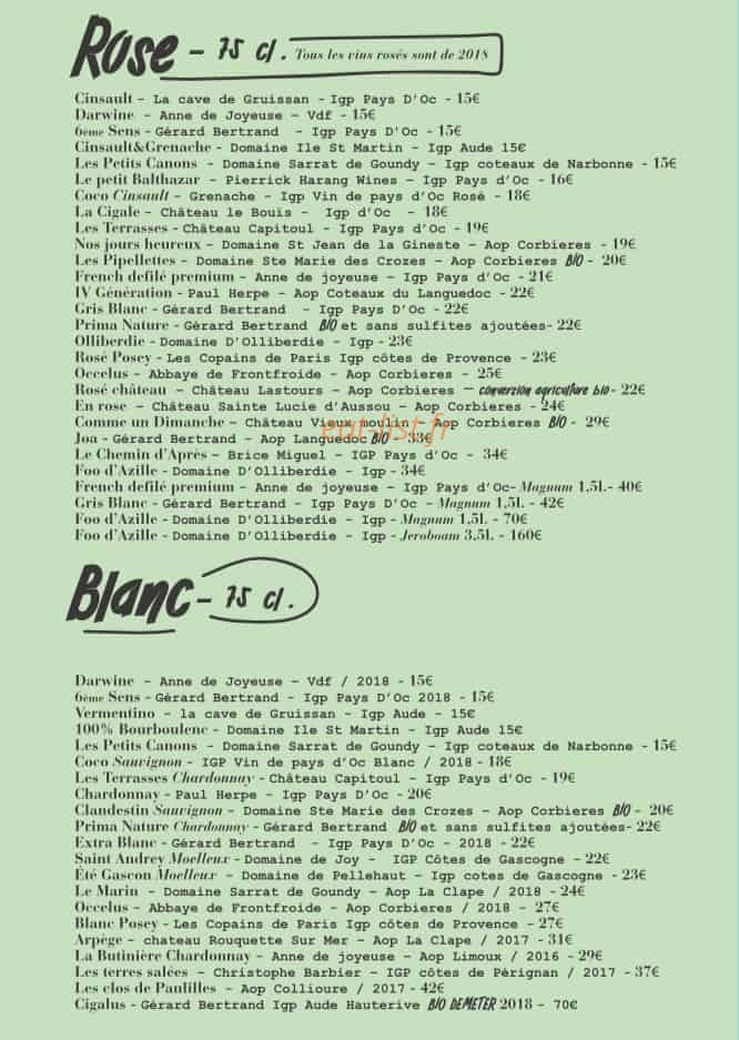 Carte et menu de Paparazzo à Gruissan — Vins