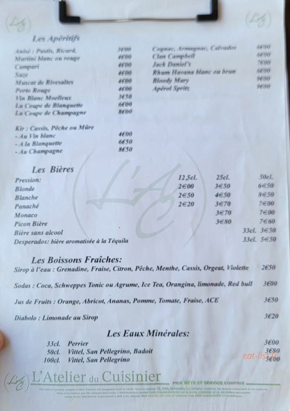 Carte et menu de L'atelier Du Cuisinier à Portel des Corbieres — Les apéritifs, bières, ...