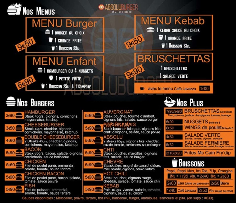 Absolu Burger — carte page 1