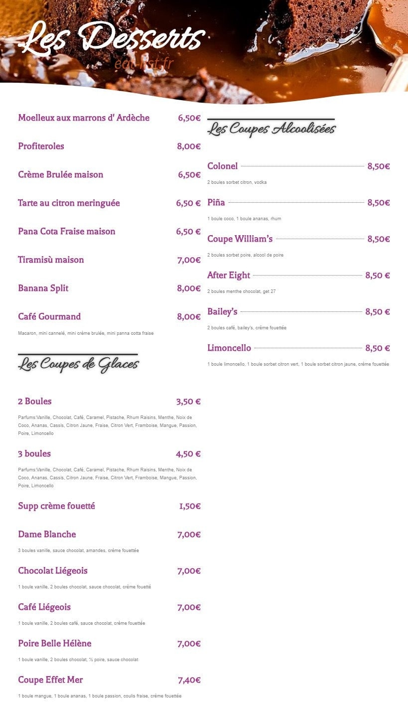 Carte et menu de L' Effet Mer à Saint Pierre la Mer — Desserts