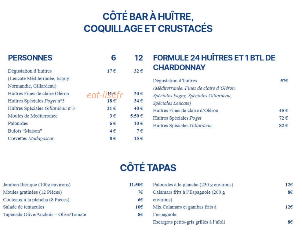 Carte et menu de Cazi Del Mar à Cazilhac — Coté bar à huitres, coquillages et crustacés,...