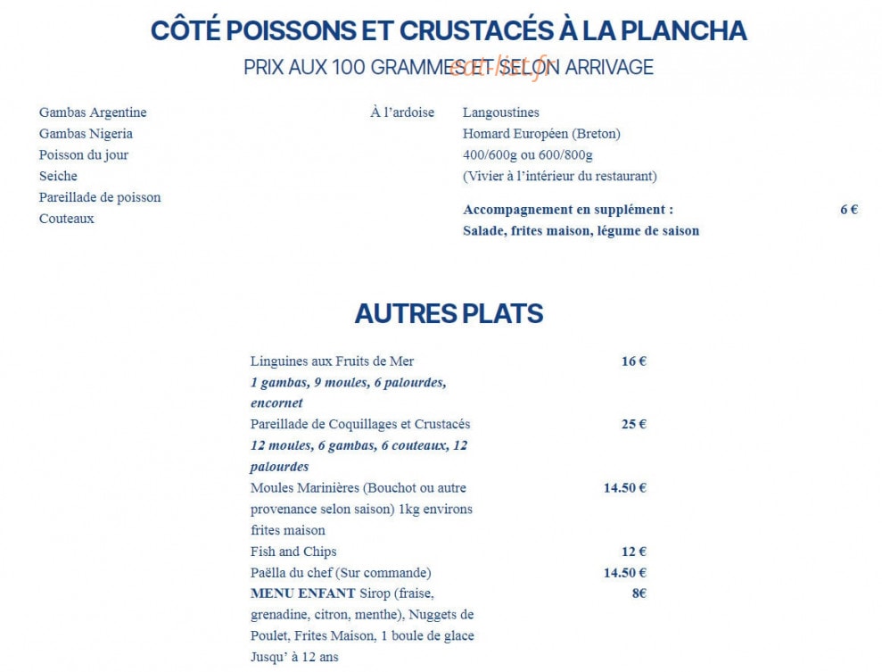 Carte et menu de Cazi Del Mar à Cazilhac — Coté poissons, crustacés à plancha et autres plats