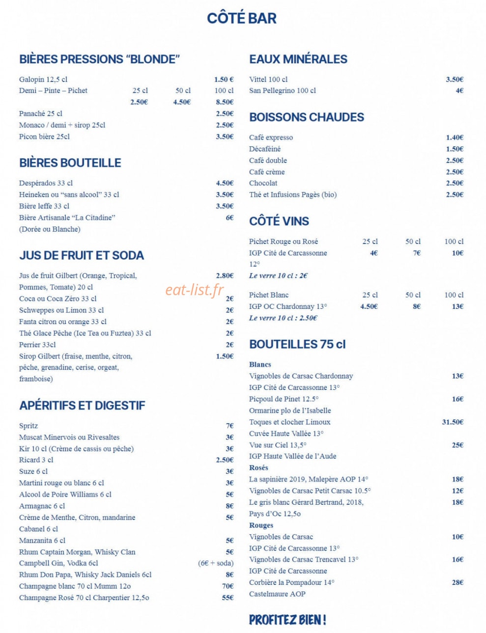 Carte et menu de Cazi Del Mar à Cazilhac — Coté bar