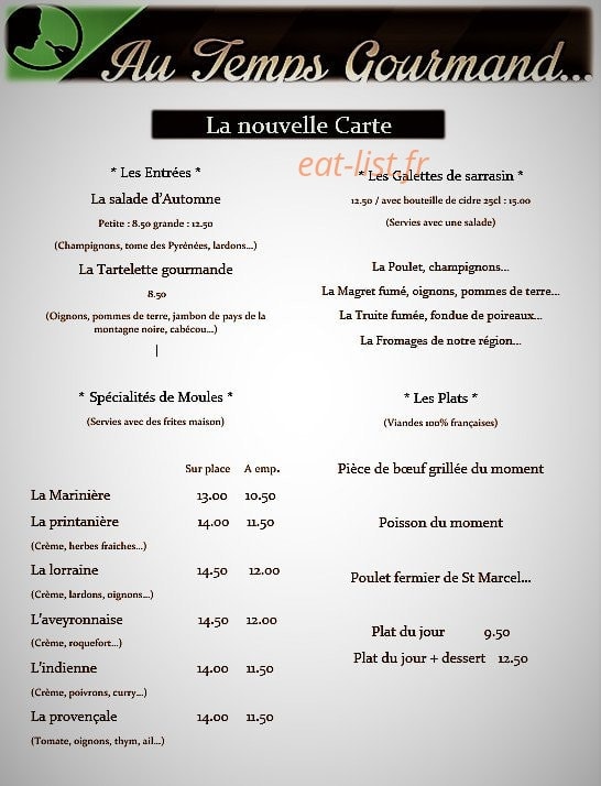 Au Temps Gourmand — carte page 1