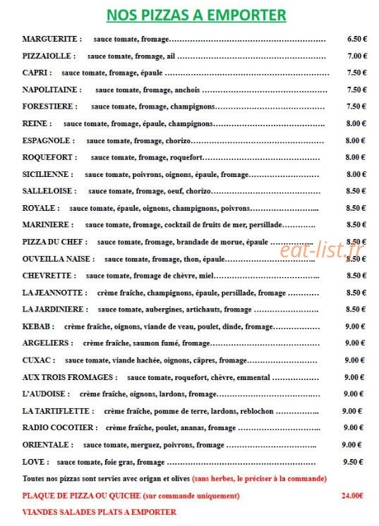 Carte et menu de Pizzeria chez Hervé dit "La Mouche" à Salleles d'Aude — Les Pizzas a emporter