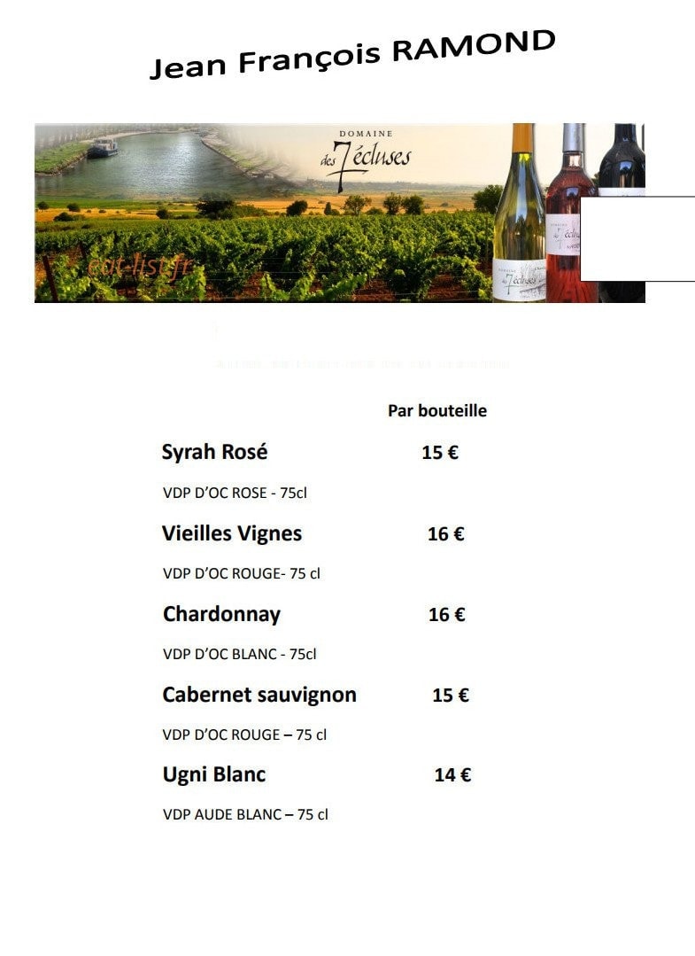 Carte et menu de Pizzeria chez Hervé dit "La Mouche" à Salleles d'Aude — Les vins Ramond