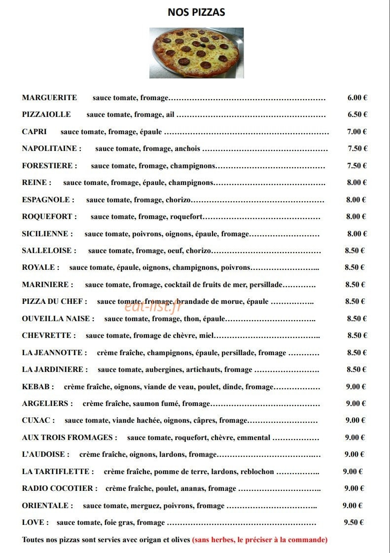 Carte et menu de Pizzeria chez Hervé dit "La Mouche" à Salleles d'Aude — Les pizzas