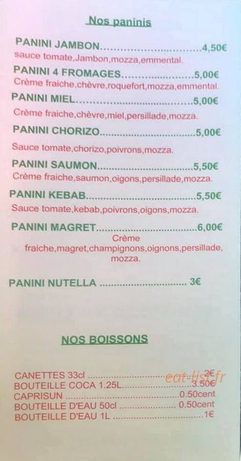 Carte et menu de Pizzeria chez Fanny à Pennautier — Les paninis et boissons