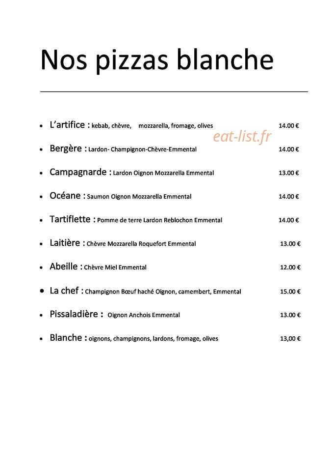 Pizzeria L'artifice — carte page 1