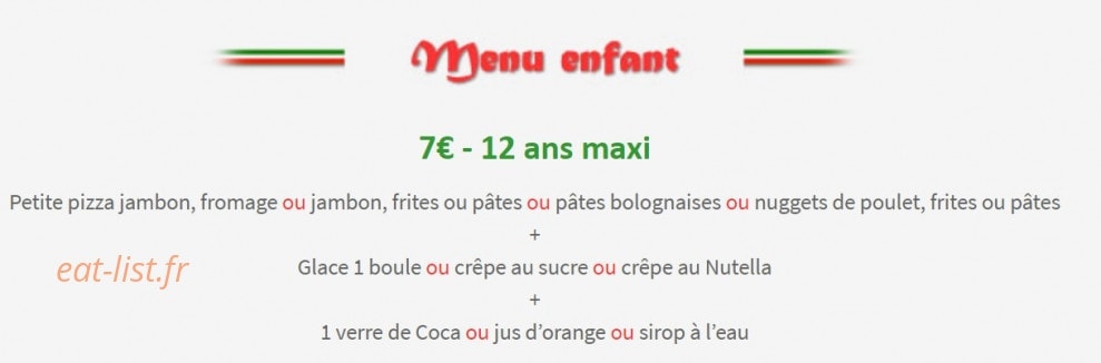 Carte et menu de Pizzéria des Remparts à Rodez — Menu enfant