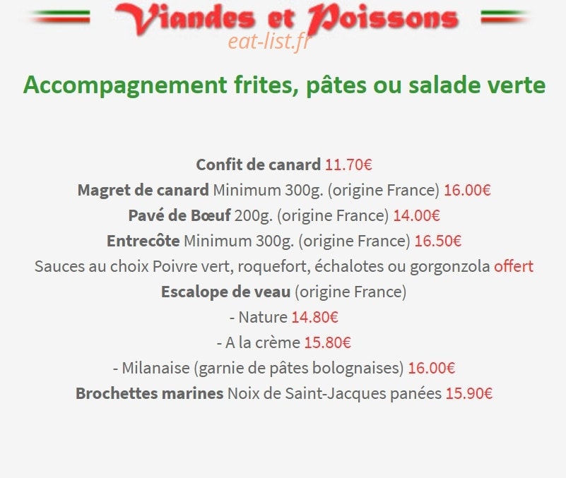 Carte et menu de Pizzéria des Remparts à Rodez — Viandes et poissons