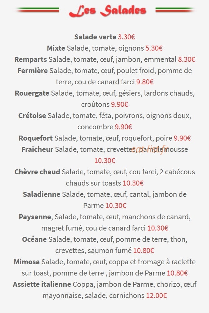 Carte et menu de Pizzéria des Remparts à Rodez — Les salades