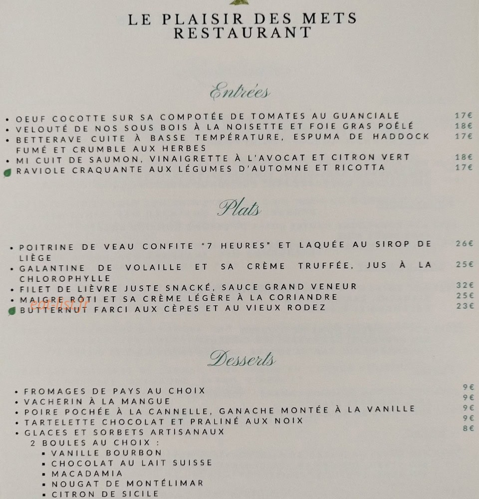 Le plaisir des mets — carte page 1