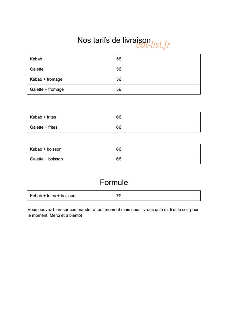 Millau kebab — carte page 1