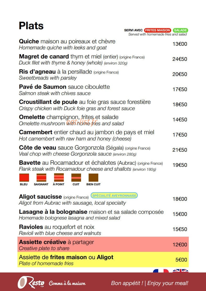 OResto Comme à la Maison — carte page 2