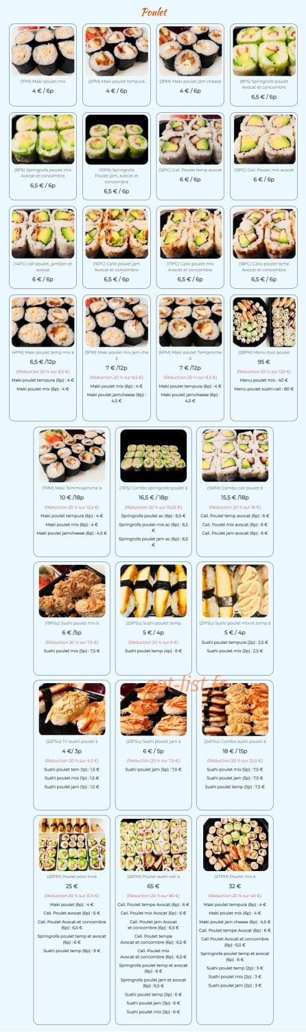 Carte et menu de Sushi vietasia à Saint Georges de Luzencon — Poulet
