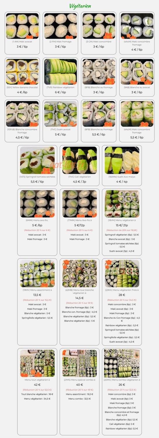 Carte et menu de Sushi vietasia à Saint Georges de Luzencon — Végétarien