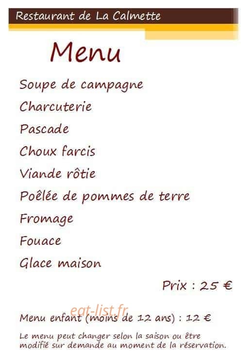 Restaurant de La Calmette — carte page 1