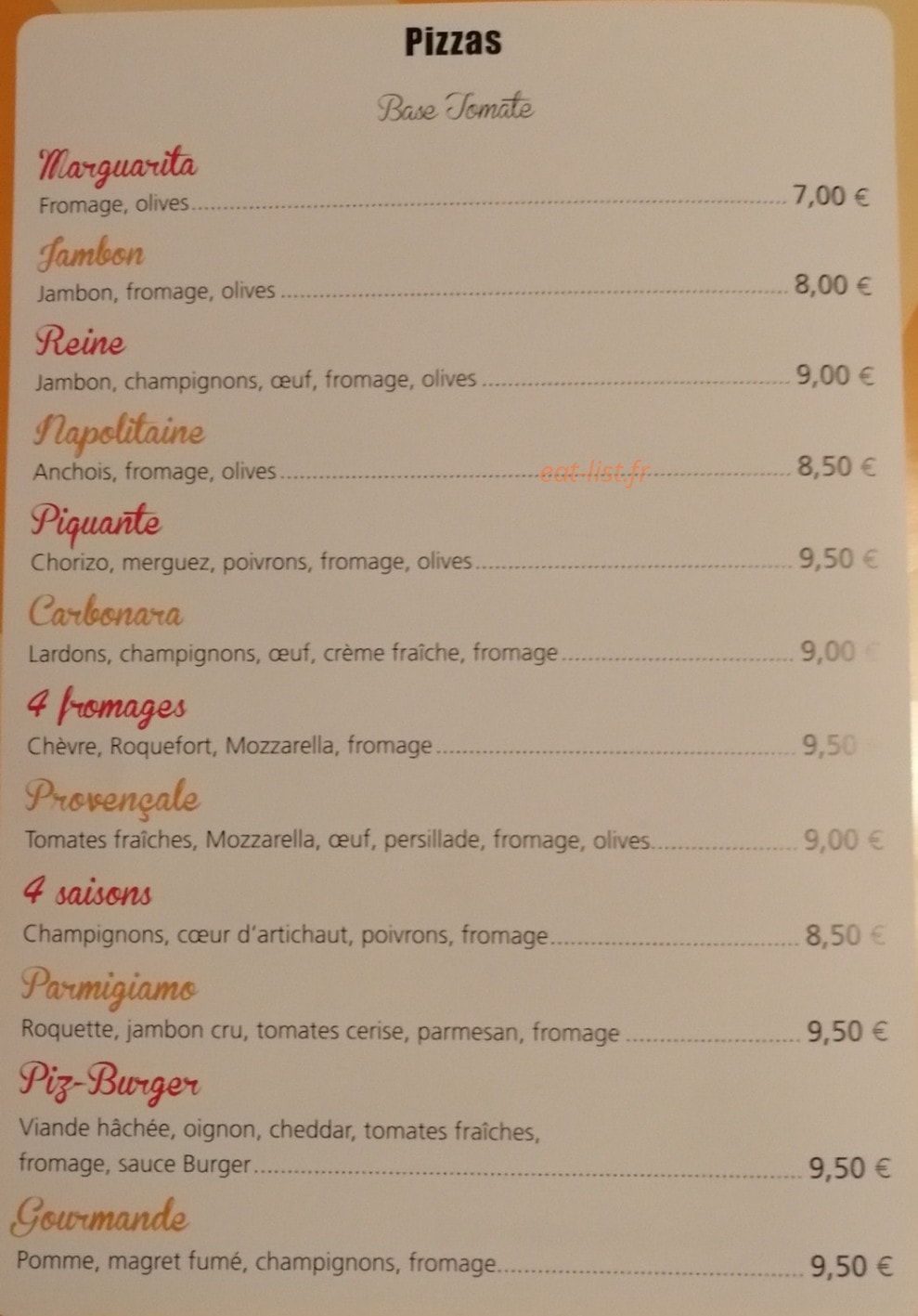 Pizzéria de Cassagnes — carte page 1