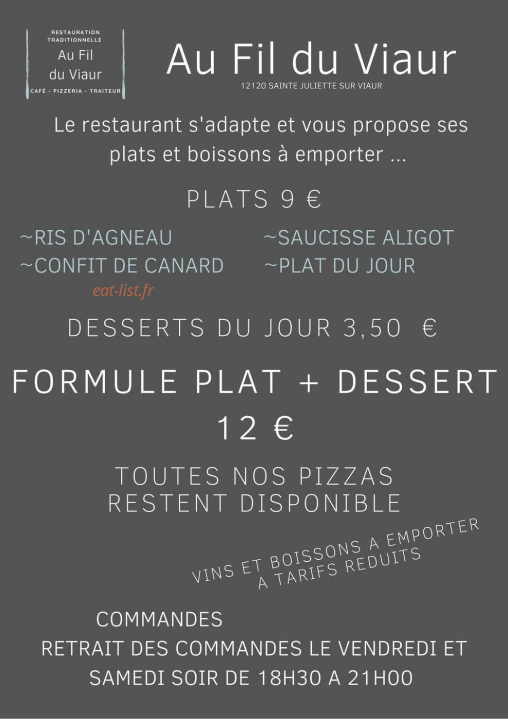 Carte et menu de Au Fil Du Viaur à Sainte Juliette sur Viaur — Les formules
