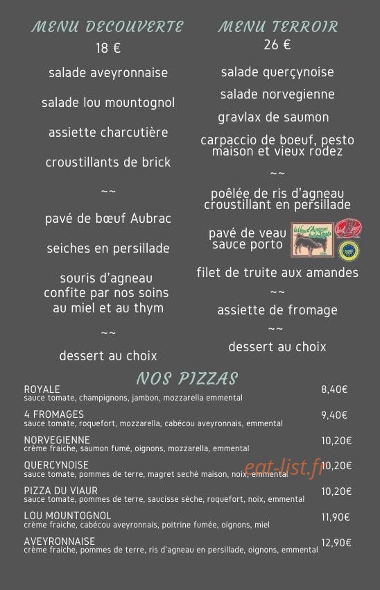 Carte et menu de Au Fil Du Viaur à Sainte Juliette sur Viaur — Les menus et pizzas