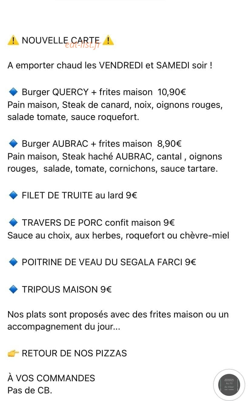 Carte et menu de Au Fil Du Viaur à Sainte Juliette sur Viaur — Un exemple de menu