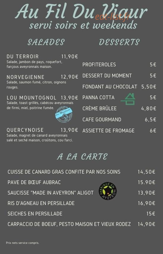 Carte et menu de Au Fil Du Viaur à Sainte Juliette sur Viaur — Les salades, desserts et plats
