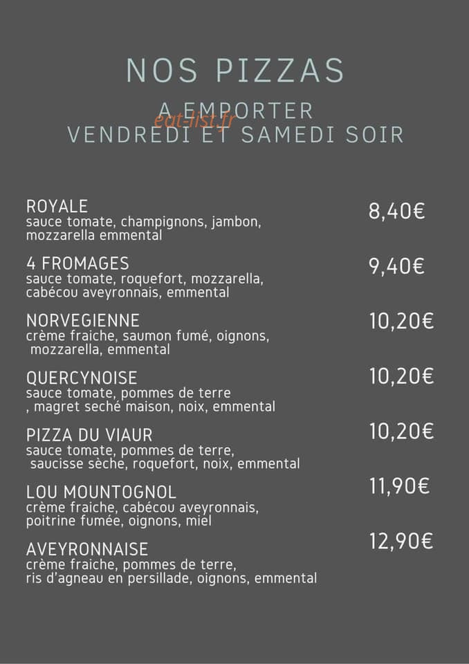 Carte et menu de Au Fil Du Viaur à Sainte Juliette sur Viaur — Les pizzas à emporter