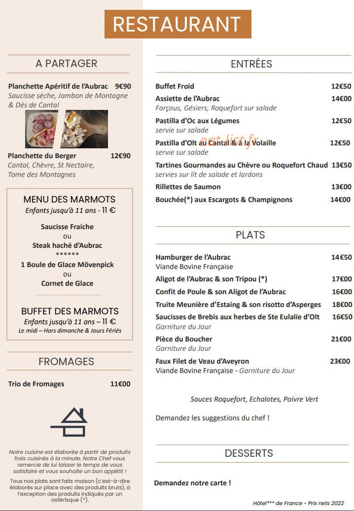 Carte et menu de Hôtel de France à Saint Geniez d'Olt — La carte