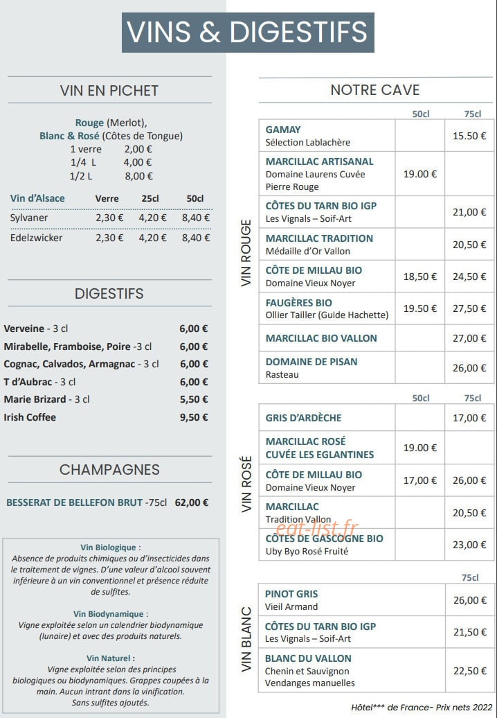 Carte et menu de Hôtel de France à Saint Geniez d'Olt — Les vins et digestifs