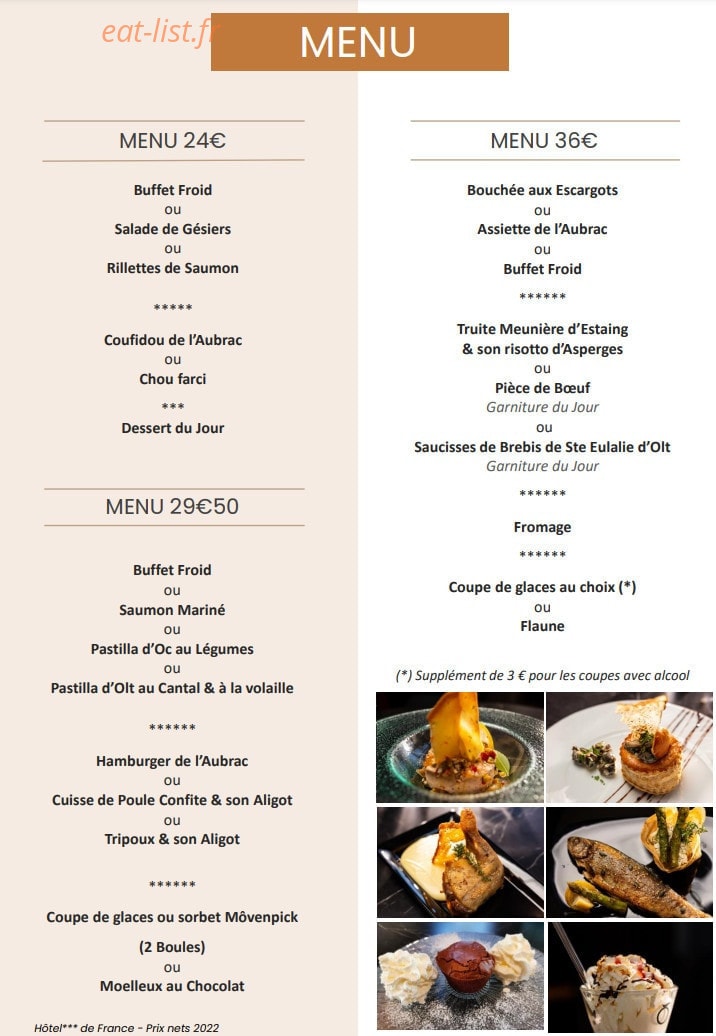 Carte et menu de Hôtel de France à Saint Geniez d'Olt — Les menus