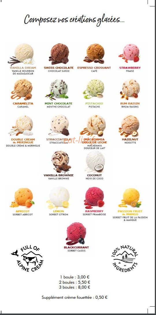 Carte et menu de Hôtel de France à Saint Geniez d'Olt — Les glaces à créer