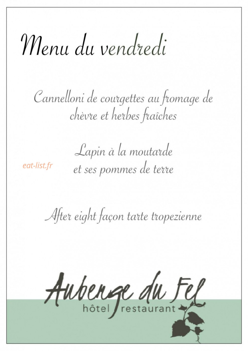 Carte et menu de Auberge du Fel à Entraygues sur Truyere — Un exemple de menu