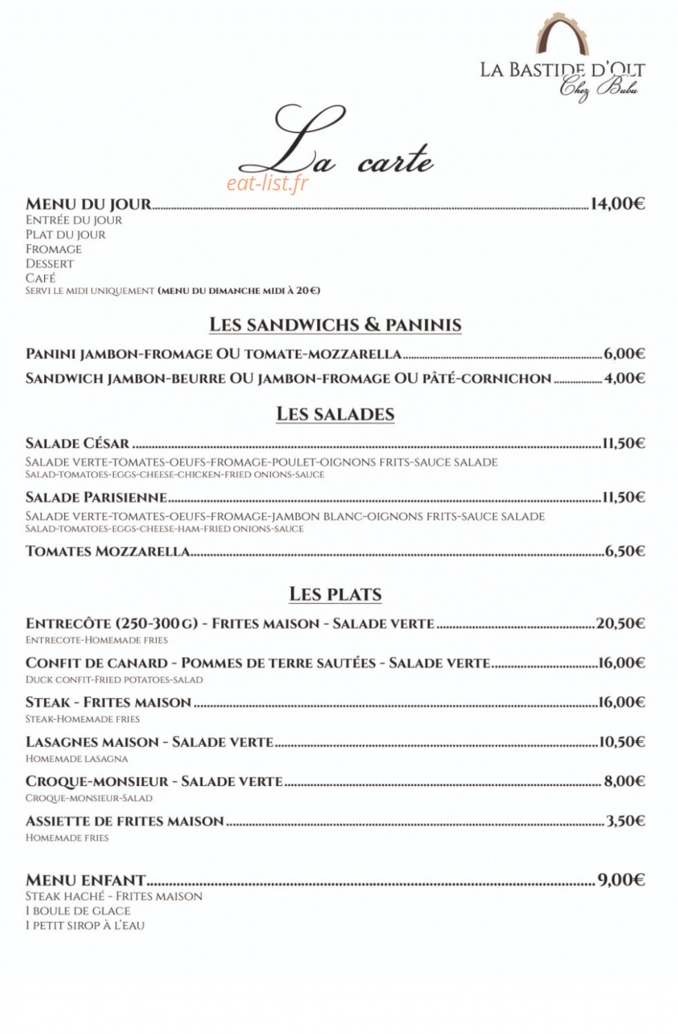 La Bastide d'Olt Chez Bubu — carte page 1