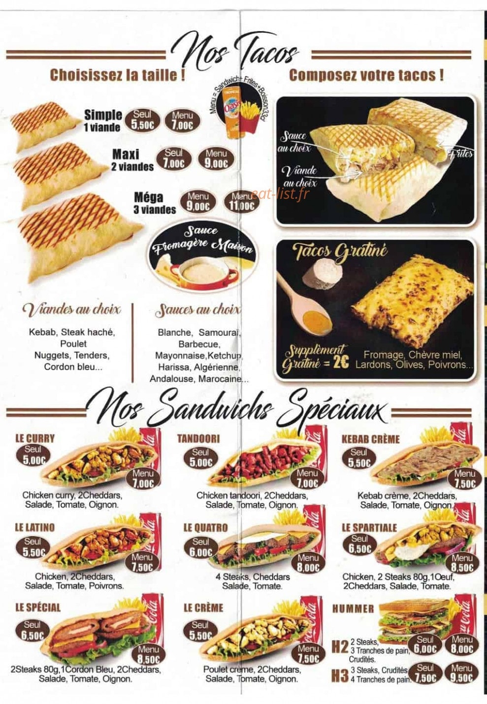 Carte et menu de Amaya's Burger & Tacos à Villefranche de Rouergue — Les tacos et sandwiches spéciaux