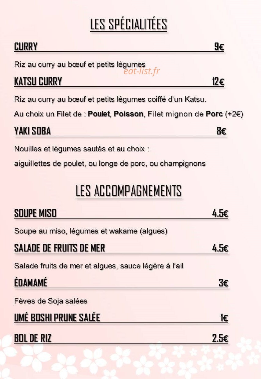 Carte et menu de Bento Kanoya à Villefranche de Rouergue — Les spécialités et les accompagnements