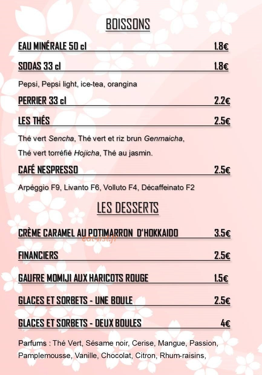 Carte et menu de Bento Kanoya à Villefranche de Rouergue — Les boissons et les desserts