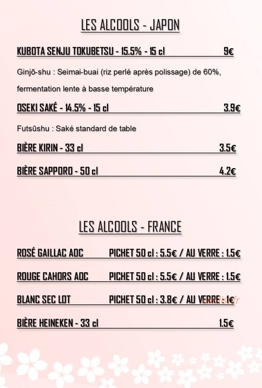 Carte et menu de Bento Kanoya à Villefranche de Rouergue — Les alcools