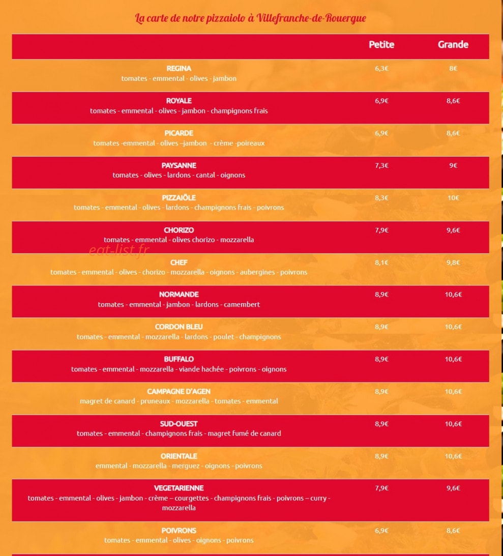 Pizza Vival — carte page 1