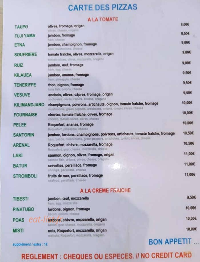 Arenal Pizza — carte page 1