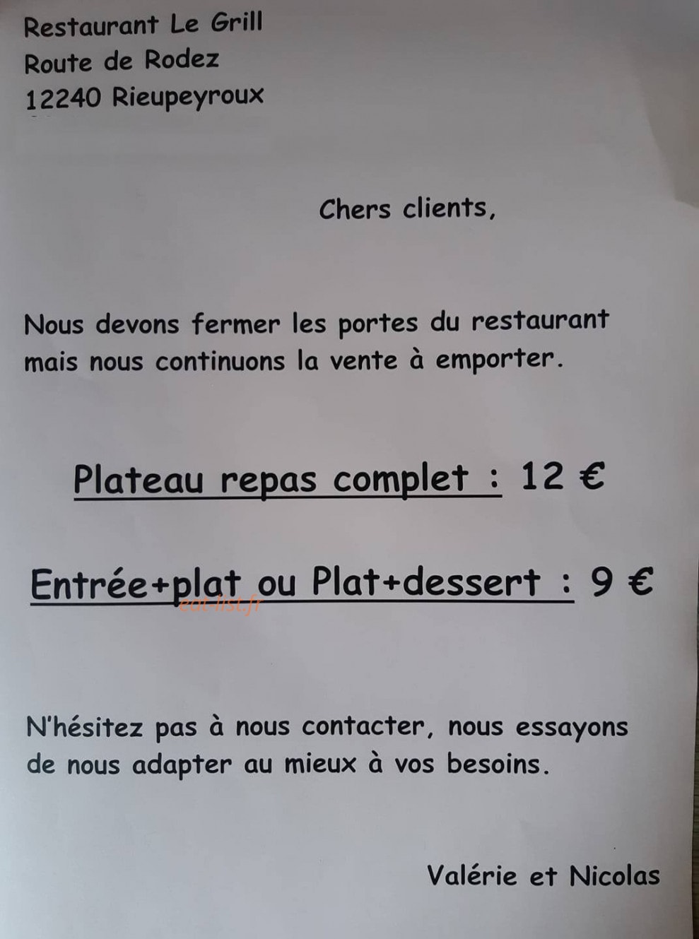 Le Grill — carte page 1