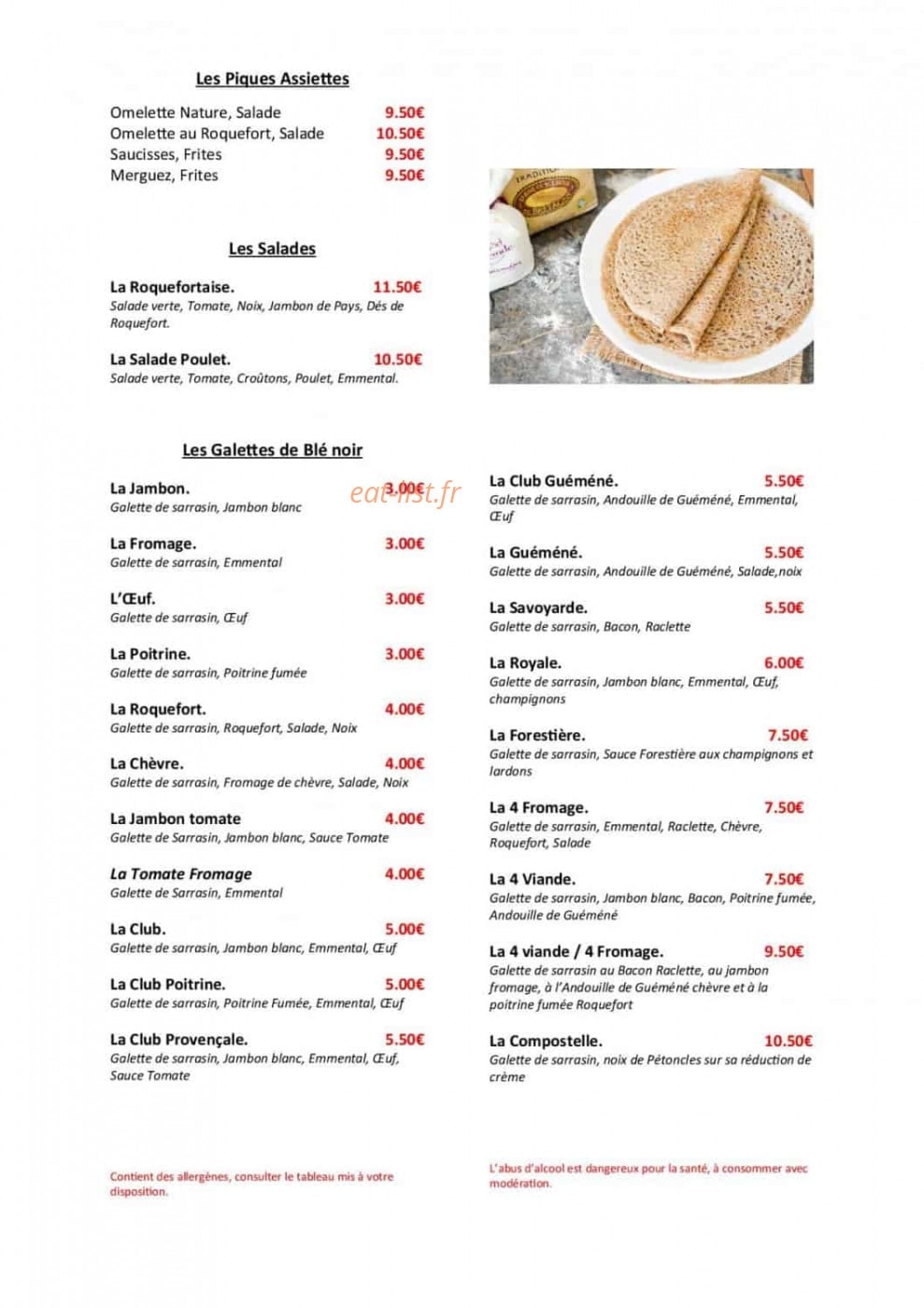 Carte et menu de Crêperie La Fringale à Roquefort sur Soulzon — Les piques assiettes, salades et galettes de blé noir