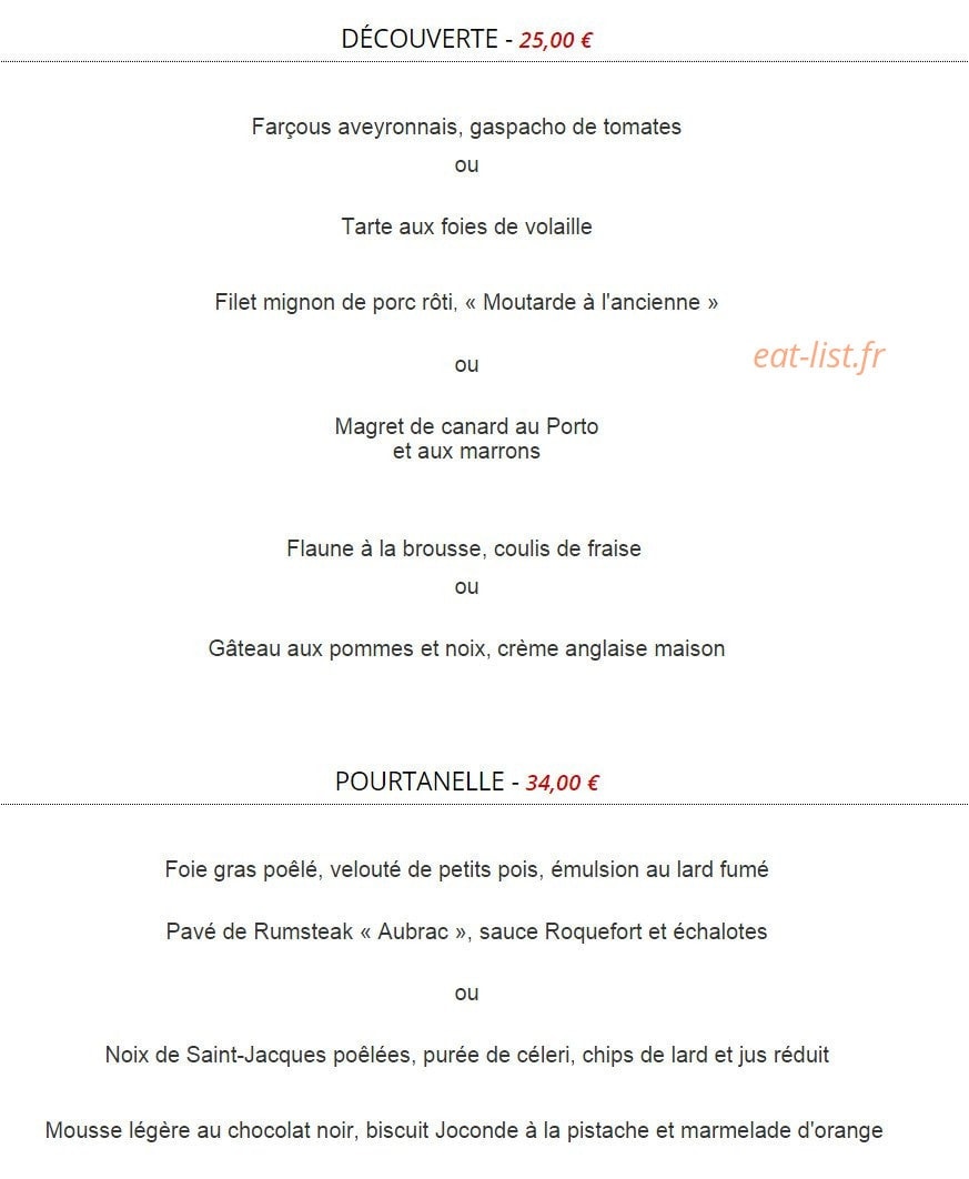 Carte et menu de La Pourtanelle à Saint Jean et Saint Paul — Le menu découverte 25€ et menu pourtanelle à 34€