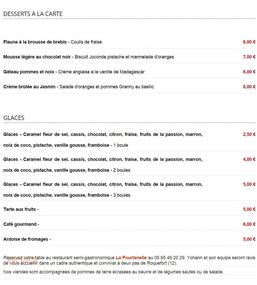 Carte et menu de La Pourtanelle à Saint Jean et Saint Paul — Les desserts et glaces