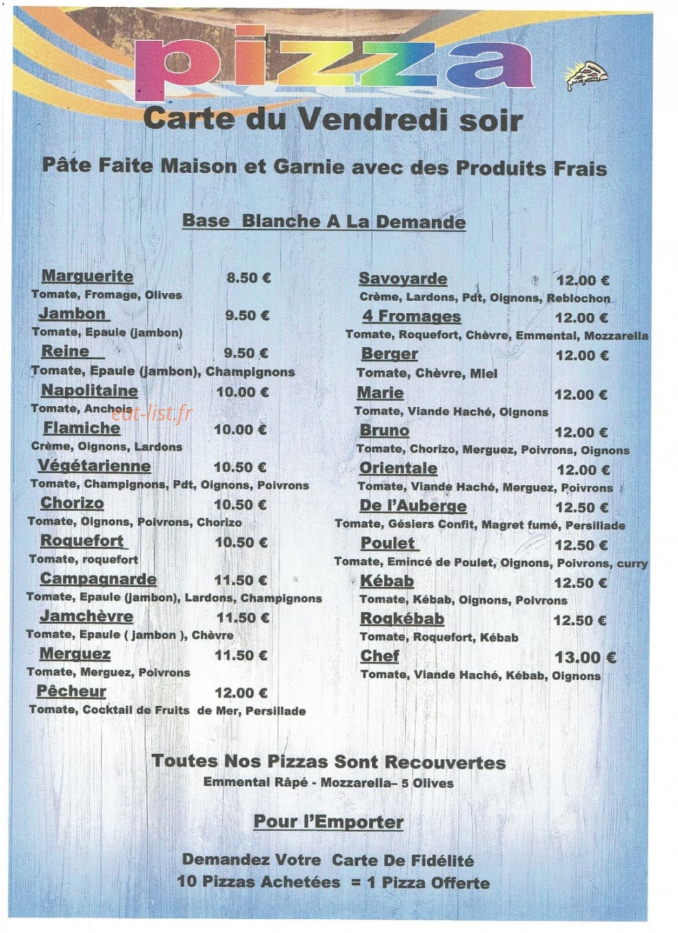 Carte et menu de L'Auberge de Marie & Bruno à La Salvetat Peyrales — Les pizzas