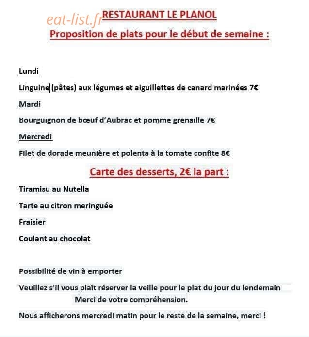 Restaurant Le Planol — carte page 1