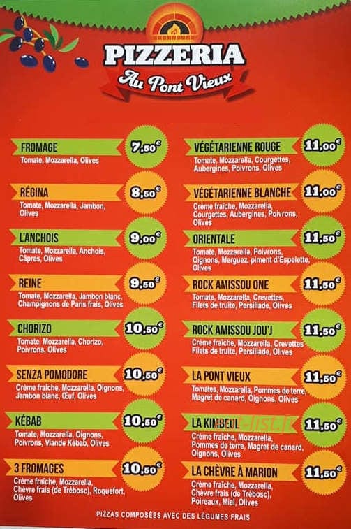 Carte et menu de Bar au pont vieux à Montrozier — Pizzas